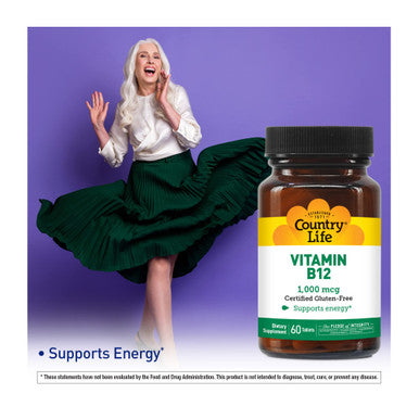 Country Life Vitamin B12 Supports Energy & Red Blood Cell Production 1000Mcg 60 Tablets Certified Gluten Free Certified Vegan Certified Halal