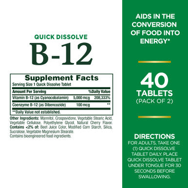 Nature's Bounty Vitamin B12 Quick Dissolve Vitamin Supplement Supports Energy Metabolism And Nervous System Health 5000Mcg 40 Tablets (Pack Of 2)