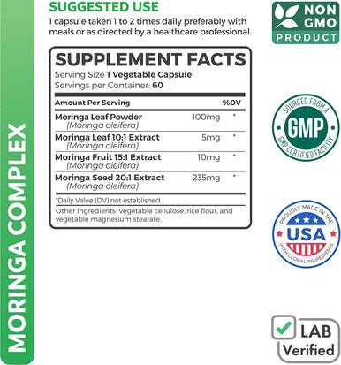 Moringa Capsules 5000mg Blend NonGMO The Herbal Equivalent of 5000mg Moringa Oleifera Powder Extract Complex from Seeds Leaf Fruit Green Vegetarian Supplement 60 Count No Oil or Tea