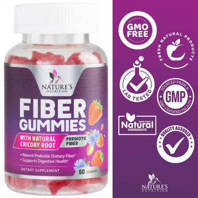 Fiber Gummies Dietary Fiber Supplement for Regularity and Digestive Health Support - Natural Prebiotic Fiber for Adults - Strawberry Fruit Flavor - Non-GMO, Gluten Free, Vegan - 60 Gummies