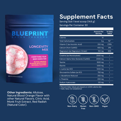 Blueprint Bryan Johnson Longevity Mix Muscle Builder & Recovery Supplement Promotes Focus and Balanced Mood Magnesium Creatine L Theanine Glutathione & Vitamin C 30 Servings Blood Orange