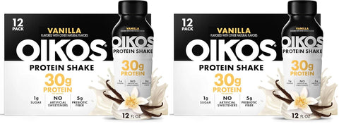 Oikos Protein Shake, Salted Caramel, 30g High Protein Drinks, Shelf Stable, Ready to Drink, 5g Prebiotic Fiber, 12 fl oz Bottle, 12 Count