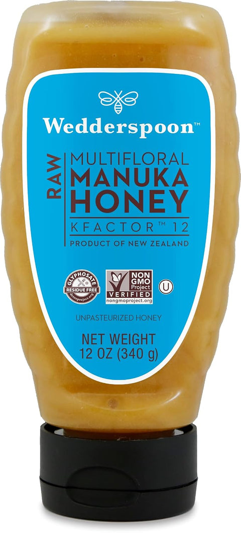 Wedderspoon Raw Manuka Honey, Unpasteurized, Genuine New Zealand Honey, Multi-Functional, Non-GMO Superfood, Convenient Squeeze Bottle, KFactor 16, 12 Ounce