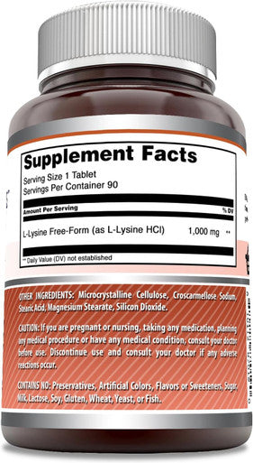 Amazing Nutrition Formulas L-Lysine 1000mg Amino Acid Tablets Supplement | Non-GMO | Gluten | Made in USA (90 Count)