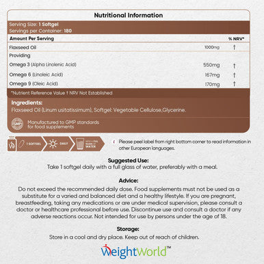 Weightworld Flaxseed Oil Capsules | 2000mg per 2 Softgels | 180 Vegan Omega 3 6 9 softgels High-Strength Alpha Linolenic Acid | Cold-Pressed | Fish Oil Alternative | Essential Fatty Acids Nutritional Supplements