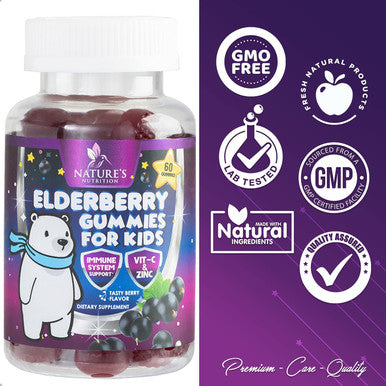 Elderberry Gummies for Kids Extra Strength Immune Support Gummy with Vitamin C and Zinc - Tasty Natural Sambucus Berry Flavor - Best Children's Herbal Supplements - 60 Gummies