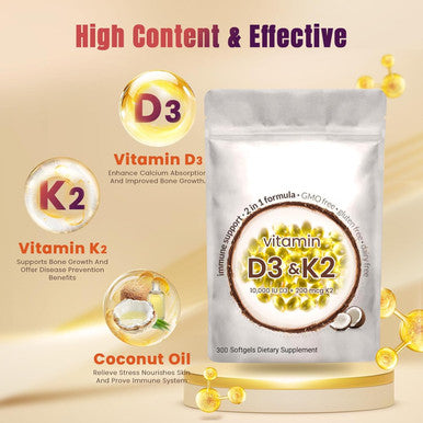 2-In-1 Vitamin D3 K2 Supplement Softgel, 10000 Iu Vit D3 + 200 Mcg Vitamin K2, 300 Pcs Vitamin D3 K2 Gels Riched Microingredients Vitamin D3 K2, Of Gmo, Gluten, Soy For Men Women