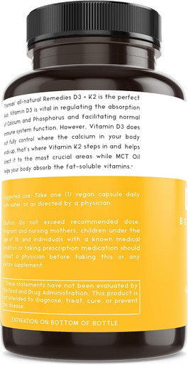 Thomas' All-Natural Remedies D3 + K2 With Mct Oil For Better Absorption & Raw Whole Food Blend, 1000 Iu D3, Vegan, Made In Usa, Support For Your Heart, Bones & Teeth, Non-Gmo (120Ct)