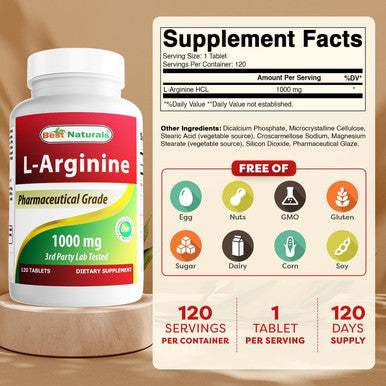 Best Naturals ( Improved Formula) L-Arginine 1000 mg 120 Tablets - Pharmaceutical Grade L Arginine supplement promotes nitric oxide synthesis