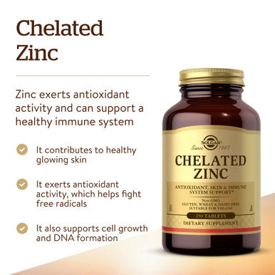Solgar Chelated Zinc 250 Tablets - Pack Of 2 - Supports A Healthy Immune System Healthy Skin Cell Growth & Dna Formation - Exerts Antioxidant Activity - Non-Gmo Vegan - 500 Total Servings