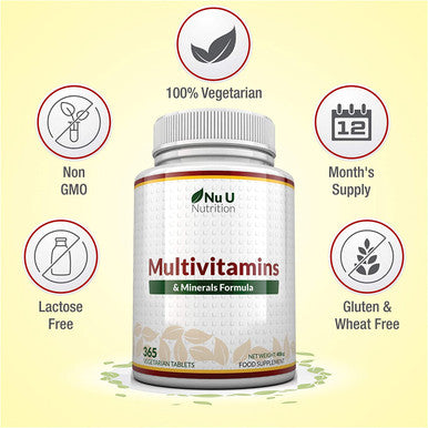 Multivitamins & Minerals Formula | 365 Tablets (Up to 1 Year Supply) | 24 Multivitamins with Iron and Minerals for Men and Women |Suitable for Vegetarians by Nu U Nutrition.