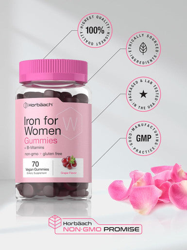 HorbAach Iron Gummies For Women Supplement With B Vitamins 70 Count Grape Flavor Vegan, Non-Gmo & Gluten Free