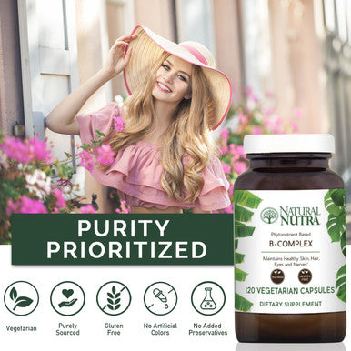 Natural Nutra Vitamin B Complex With Niacin, Folate, Thiamin, Biotin, Supports Nervous System Health, Promotes Metabolism, Skin, Eyes And Hair Health, Whole Food Supplement, 120 Vegetarian Capsules