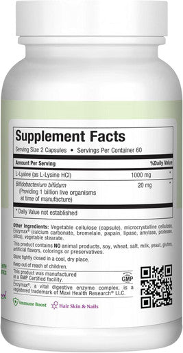 Maxi Health Lysine Complex with Probiotics - L-Lysine 1000mg Capsules for Protein Synthesis and Immune Health - 1000 mg Lysine Supplement from Lysine HCl - Amino Acid with Enzymax for Enhanced Absorption