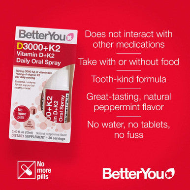 BetterYou Vitamin D+K2 Oral Spray | Natural Liquid Daily Multivitamin Spray and Immune System Support Supplement for Healthy Bones | 0.40 fl oz
