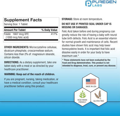 Puregen Labs Folic Acid 1000 Mcg Tablets Vitamin B9 Non-Gmo Gluten Made In Usa Value Size 1000 Tablets