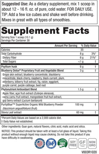 Advanced Blueberry Detox Daily Fiber Formula by Purity Products Featuring PurityBlue Organic Wild Blueberries A Full 6 Grams of Detoxifying Regularity Promoting Prebiotic Fiber 30 Servings