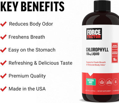 Force Factor Chlorophyll Liquid Body Deodorizing Supplement Freshens Breath and Body Naturally Made with No Artificial Sweeteners or Colors Non-GMO Natural Mint Flavor 16 oz.