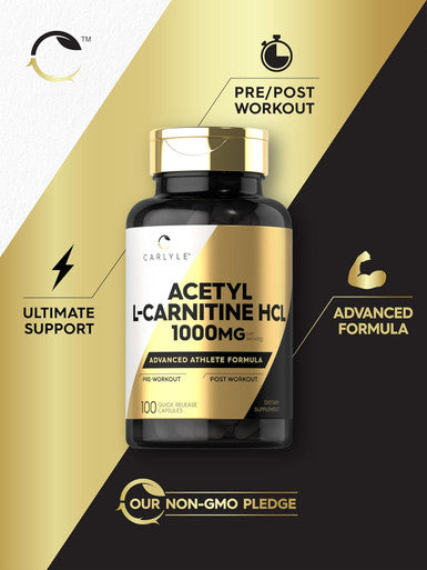 Carlyle Acetyl L-Carnitine HCL Capsules| 1000mg | 100 Count | Non-GMO and Gluten Supplement
