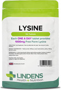 Lindens Lysine 1000mg Tablets - 50 Pack - Each Tablet Yields 1000mg Free-Form Lysine in A Convenient One-a-Day Tablet - UK Manufacturer, Letterbox Friendly