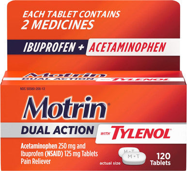 Motrin Dual Action with Tylenol Fast-Acting Long Lasting Pain Reliever with Ibuprofen & Acetaminophen for Minor Aches & Pains Ibuprofen (NSAID) 125 mg & Acetaminophen 250 mg