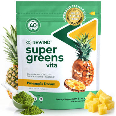 Rewind Best Tasting Super Greens Powder with 40+ Superfoods ÃƒÂ¢Ã¢â€šÂ¬Ã¢â‚¬Å“ Delicious Daily Green Powder with Vitamin B12 Zinc Vitamin C Magnesium & Calcium ÃƒÂ¢Ã¢â€šÂ¬Ã¢â‚¬Å“ Green Juice Superfood Mix - Pineapple Flavor