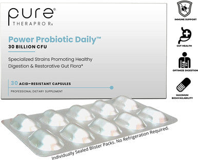 Power Probiotic Daily 30 AcidResistant Capsules 4 Proven Strains 30 Billion CFU / Capsule Sealed in NitrogenPurged Aluminum Blister Packs to Insure Freshness NO Refrigeration Required