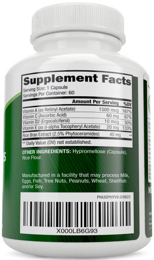 Purely Holistic Phytoceramides Skin Therapy Supplement 60 Capsules 100% Rice Based 100% Natural Vegetarian/ Vegan Capsules 100% Dv Of Vitamin A,C,D & E With No Fillers Or Artificial Ingredients