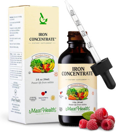 Maxi Health Liquid Iron Supplement for Women Men and Kids - 15 mg Per ML Berry Flavored - High Potency - Easy to Mix for Immediate Absorption - Increase Energy and Blood Levels Without Nausea or Constipation