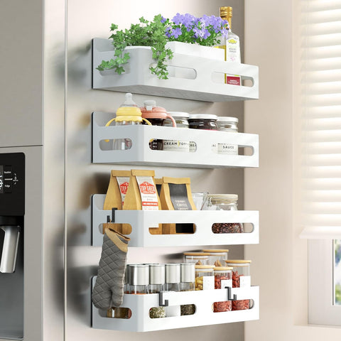 4-Pack Magnetic Spice Rack for Refrigerator with Hooks, Pink | Strong multipurpose magnetic shelf for kitchen & bathroom organization. Includes 4 removable hooks for hanging items.