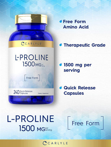 Carlyle L-Proline Free Form 1500mg | 240 Capsules | Non-GMO, Gluten Free Supplement