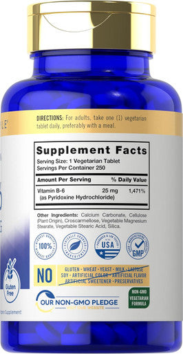 Carlyle Vitamin B6 | 25mg | 250 Tablets | Vegetarian Non-GMO & Gluten Supplement