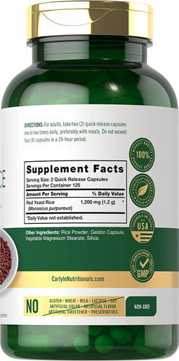 Carlyle Red Yeast Rice 1200 mg | 250 Capsules | Non-GMO, Gluten Free Supplement