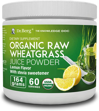 Dr. Berg's Raw Wheatgrass Juice Powder (60 Servings) - USDA Organic Wheatgrass Powder w/ Chlorophyll, Trace Minerals & Natural Enzymes - Ultra-Concentrated - Lemon Flavor w/ Stevia 1 Pack