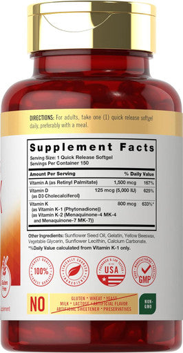 Carlyle Vitamin ADK | 150 Softgels | Non-GMO Gluten Dietary Supplement