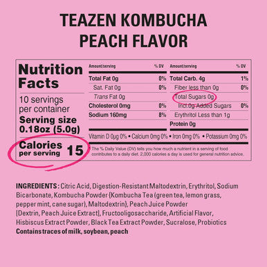 Teazen Peach Kombucha Tea Hydration Drink Mix Sugar Live Probiotics & Prebiotics 10 Sticks 1.76oz