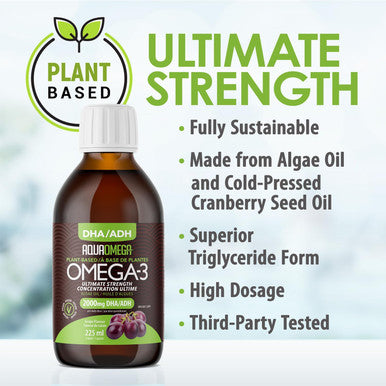 Aquaomega Ultimate Strength Plant-Based Omega 3 High Dha Supplement, Omega 3 Supplements Liquid With Epa From Omega 3 Algae Oil, 2000Mg Of Vegan Omega 3, 225Ml Grape
