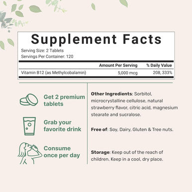 Micro Ingredients Vitamin B12 5000mcg | Methyl B12 Active Form 240 Chewable Tablets | Fast Dissolve Natural Strawberry Flavor Support Energy Metabolism Health | Vegan Non-GMO & No Glute
