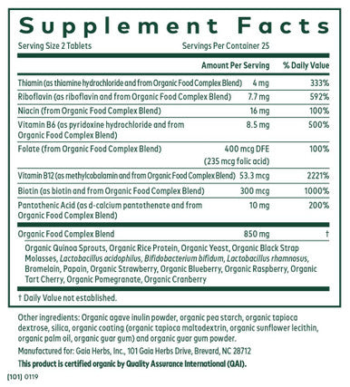 Gaia PRO B-Complex - for Overall Health & Wellness - with Vitamin B12, Vitamin B6, Niacin, Biotin - 50 Vegan Tablets (25 Servings)