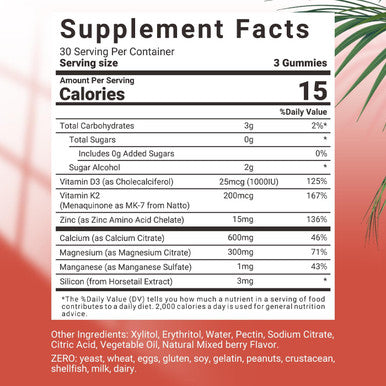 Calcium With Vitamin D3 K2 Gummies, Sugar Calcium Supplement For Women & Men, Chewable Calcium Citrate With Magnesium, Zinc For Bone, Muscle & Immune Support