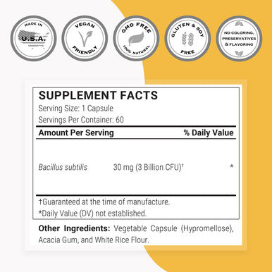 Supersmart Bacillus Subtilis 3 Billion CFU Per Day Probiotic Strain Improve Natural Defences Help with External Attacks NonGMO Gluten Free 60 DR Capsules