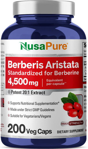 Nusapure Berberine Hci 4500 Mg - 200 Veggie Caps - 6 Months Supply - (100% Vegetarian Non-Gmo Gluten-Free)