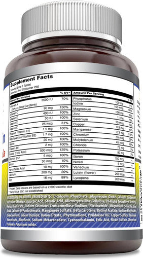 Amazing Nutrition Formulas Daily Multivitamin Tablets (Non-GMO) - Just 1 Tablets A Day Formula A Complete Multivitamin to Support Cardiovascular Health Immune Functions Visual Functions & More (250 Count)