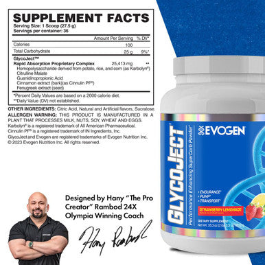 Evogen GlycoJect - Karbolyn Super Carb Powder | Rapid Absorption for PreWorkout | Carbohydrate Powder for Endurance | Intra Workout Carbs Powder for Men & Women | Strawberry Lemonade | 36 Servings
