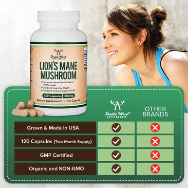 Lions Mane Mushroom Supplement Capsules Two Month Supply 120 Count Vegan Supplement Nootropics Brain Support Supplement and Immune Health Manufactured in The USA by Double Wood Supplements