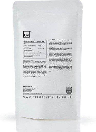Collagen 450mg, Vitamin C 19.2mg, Hyaluronic Acid 30mg Capsules | Bones & Skin, Iron Absorption | Oxford Vitality (120)