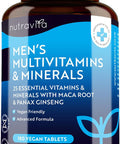 Men'S Multivitamins And Minerals - 25 Essential Active Vitamins And Minerals With Added Maca Root And Panax Ginseng - 180 Vegan Tablets - Made In The Uk By Nutravita