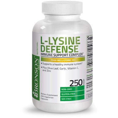 Bronson L-Lysine Defense Immune Support Complex 1500 Mg L-Lysine Plus Olive Leaf, Garlic, Vitamin C And Zinc - Non-Gmo, 250 Vegetarian Capsules