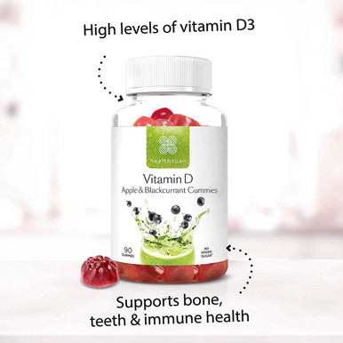 Healthspan Vitamin D Apple & Blackcurrant Gummies | 90 Gummies | Vitamin D3 | Boosts Immunity | Supports Bones & Muscles | No Added Sugar