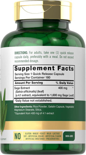 Carlyle Sage Supplement 1600mg | 180 Capsules | High Potency | Non-GMO Gluten